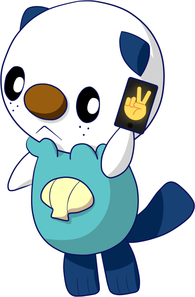 Oshawott standing on tippy toes, showing a phone with a victory hand gesture emoji on it